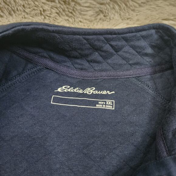 Eddie Bauer Men Size 2XL Quilted Pullover Blue 1/4 Snap Front Pocket Sweater EUC - Picture 2 of 6